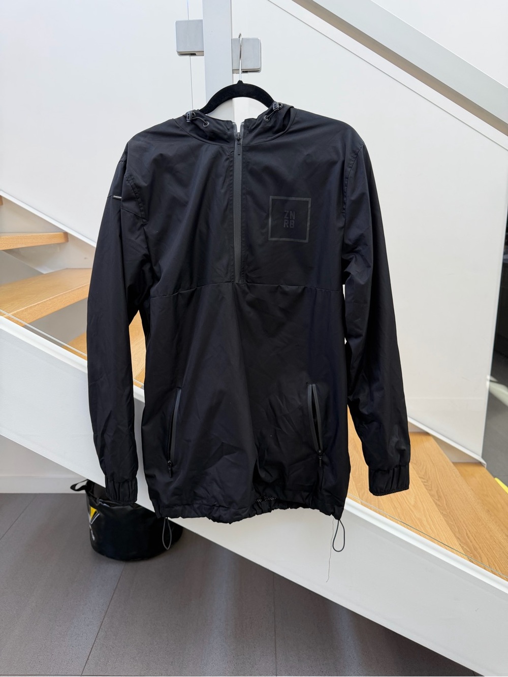 Zanerobe Men's Black 1/4 zip Lightweight Hooded Windbreaker -